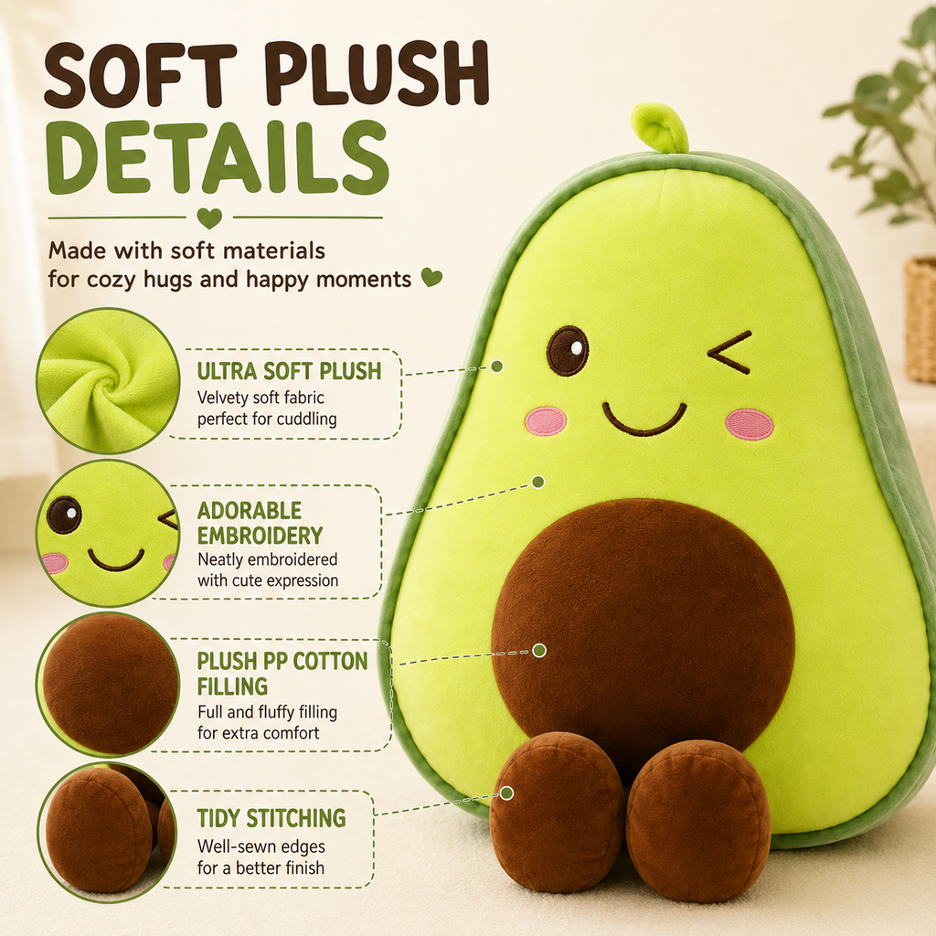 Avocado plush pillow fabric embroidery and PP cotton details