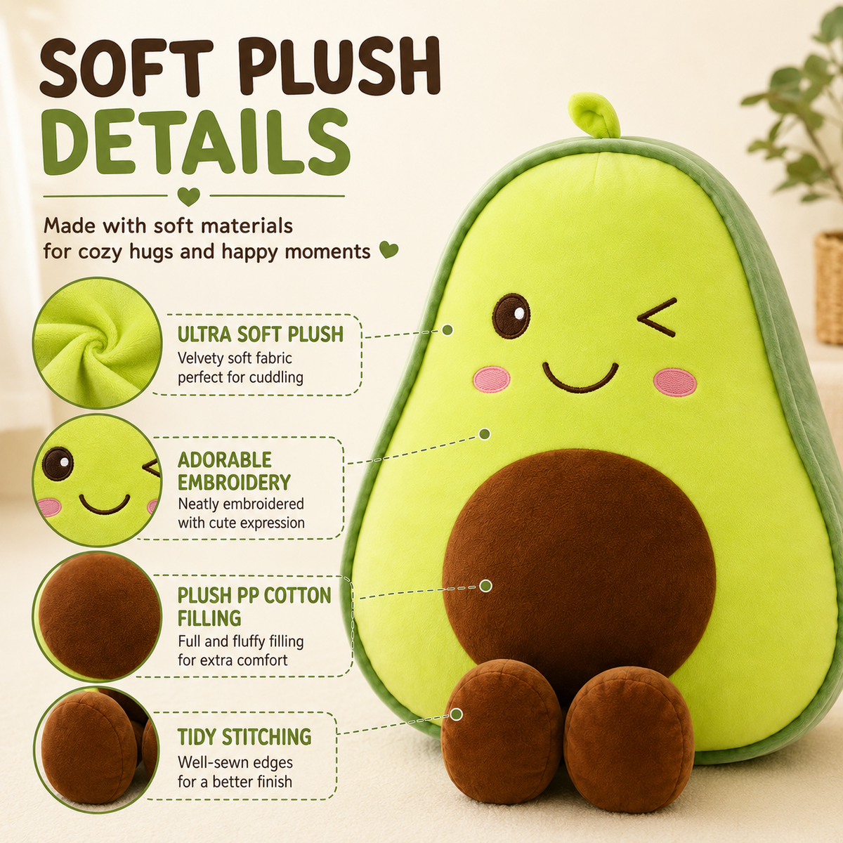 Avocado plush pillow fabric embroidery and PP cotton details