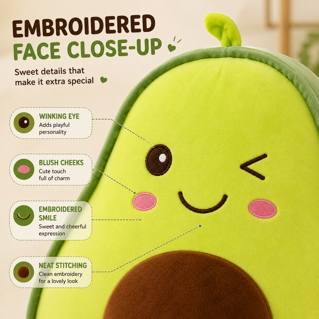 Avocado plush pillow embroidered face close-up