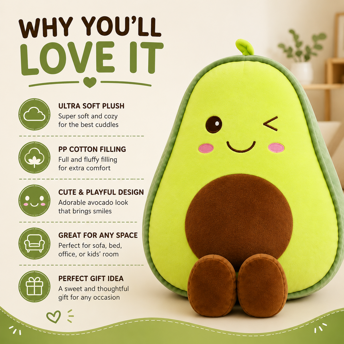 Avocado plush pillow features