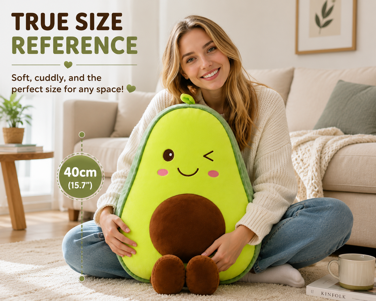 Avocado plush pillow size reference with model