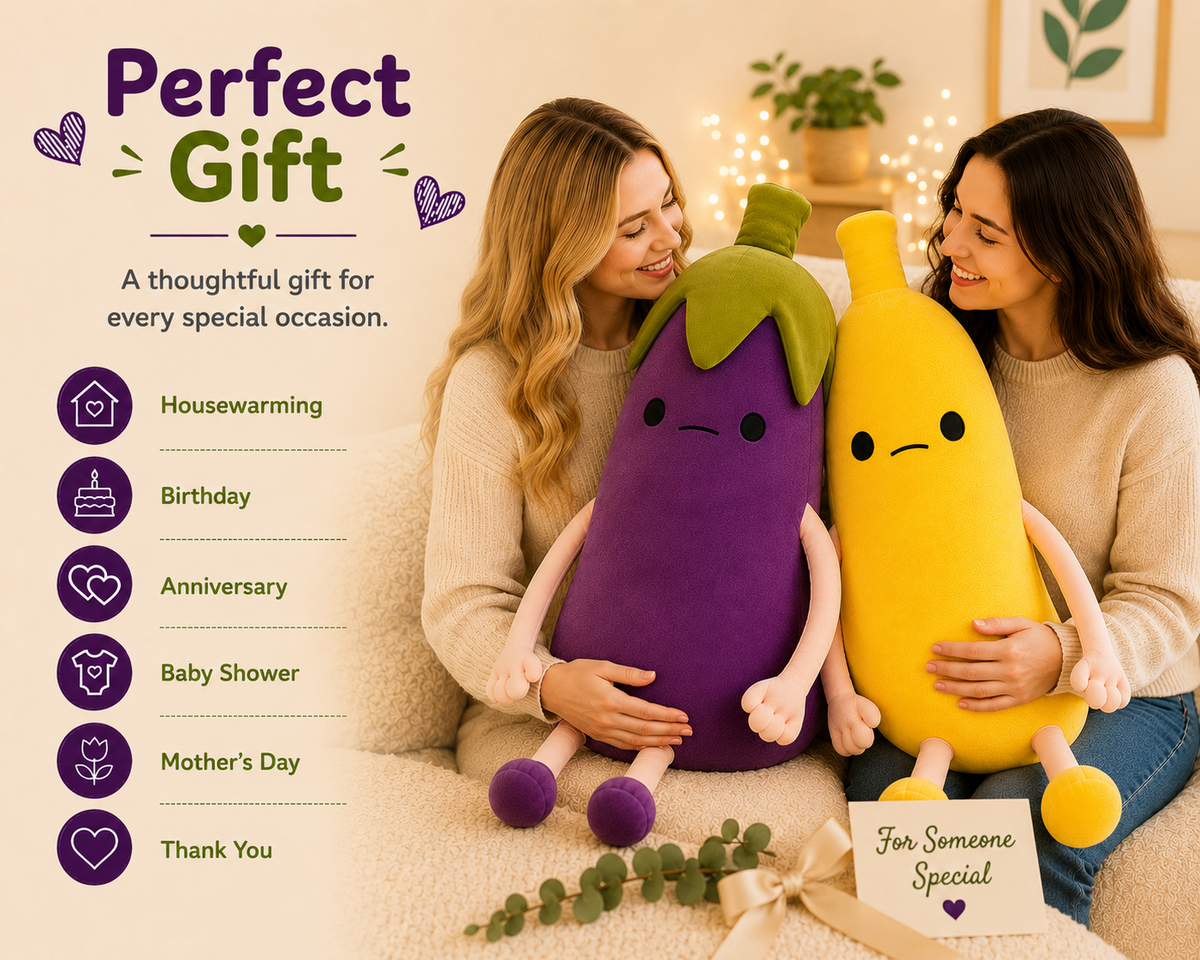 Banana and eggplant plush pillows gift presentation