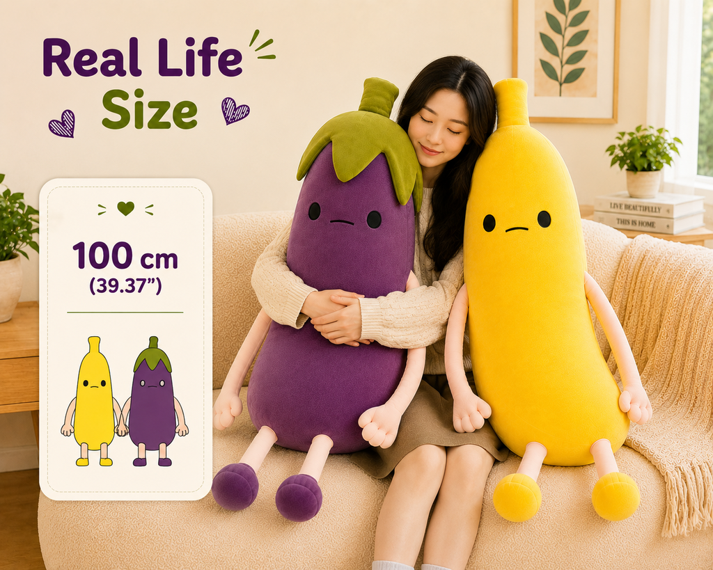 Banana and eggplant plush pillows size reference, 100 cm