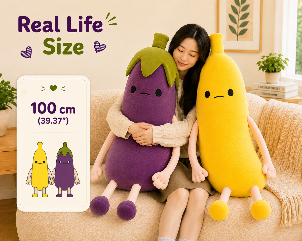 Banana and eggplant plush pillows size reference, 100 cm