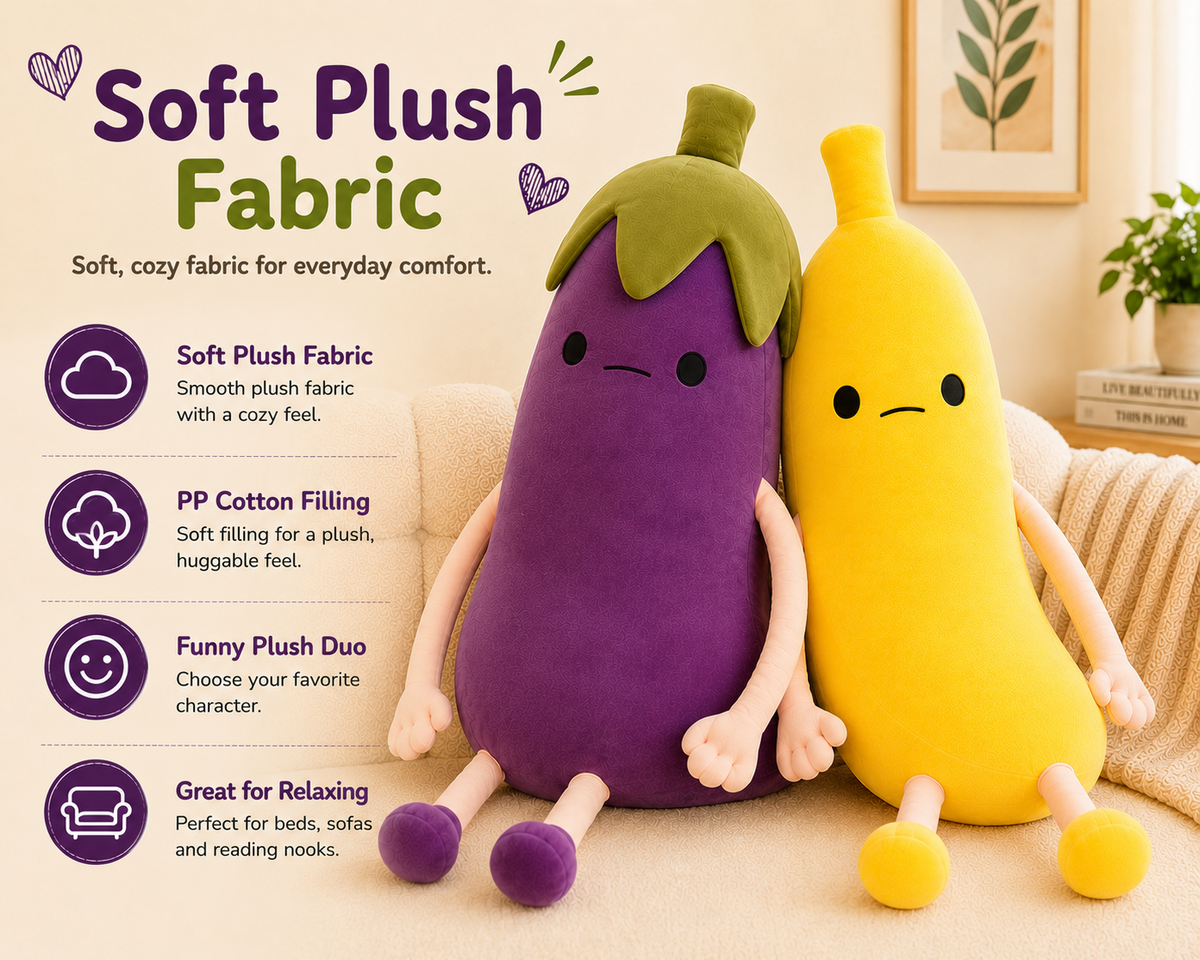 Banana and eggplant plush pillows with soft plush fabric