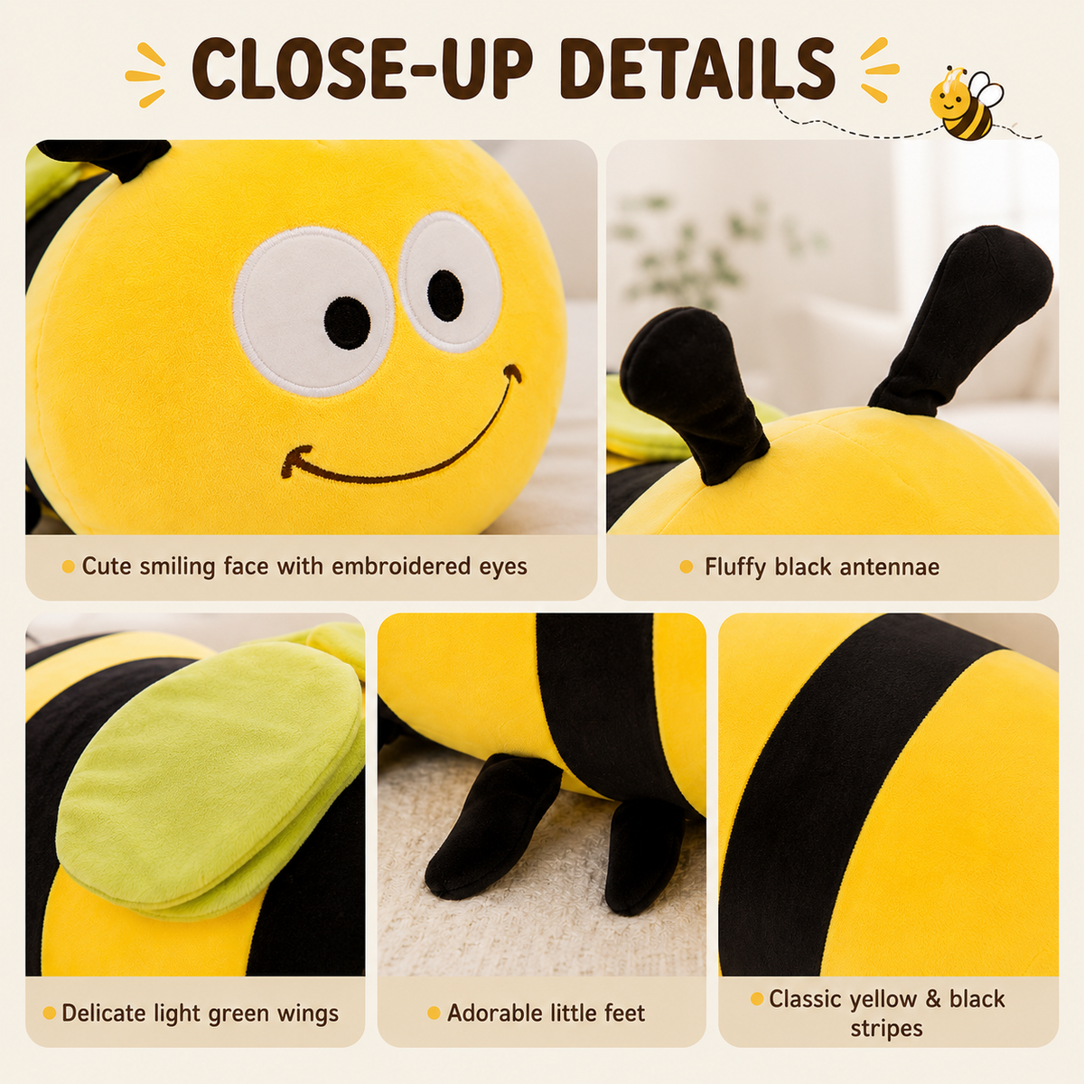 Bee plush pillow details