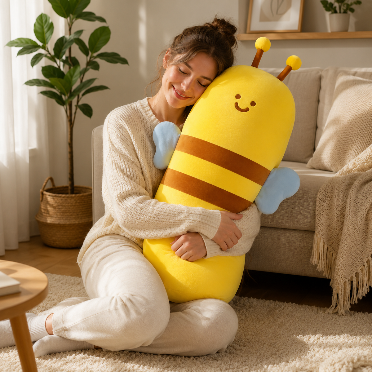 Woman cuddling a large bee plush pillow