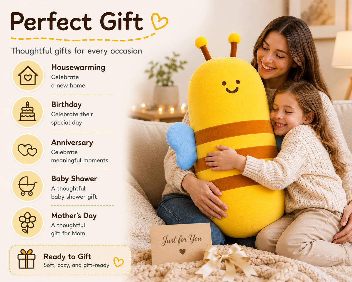 Bee plush pillow on light beige background