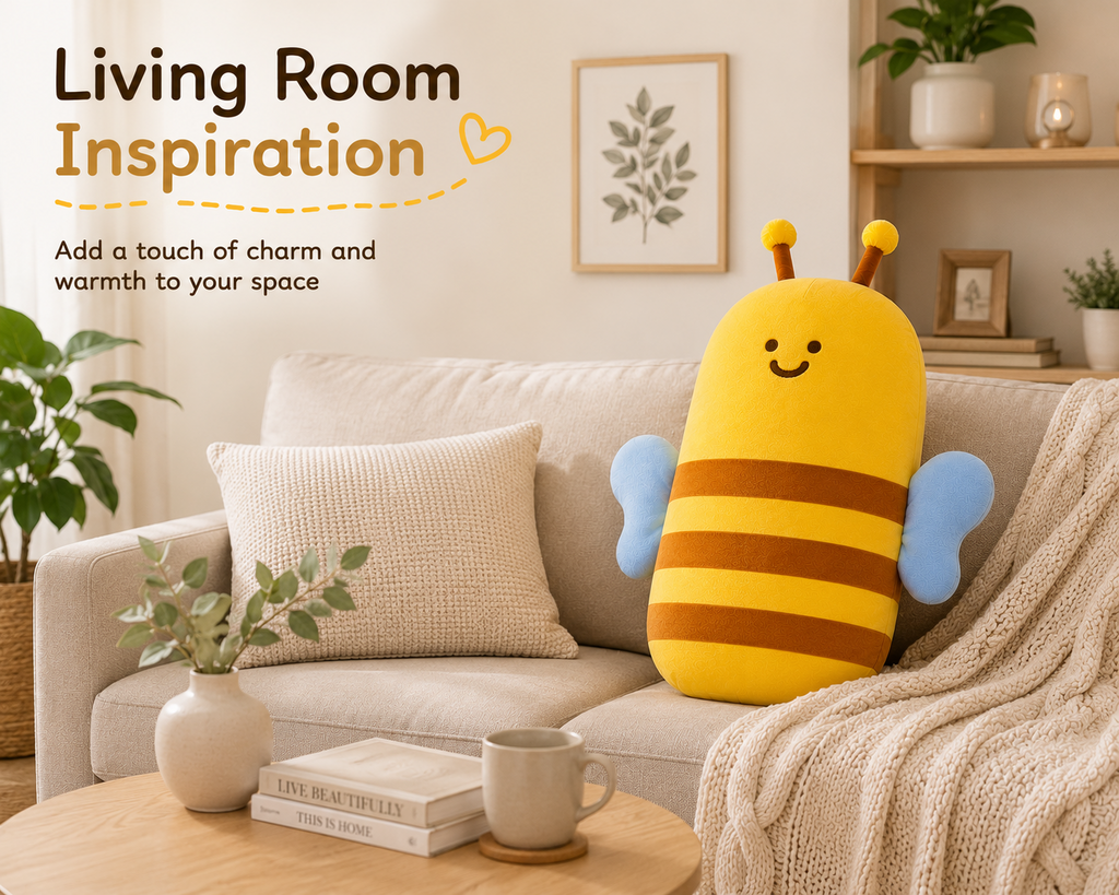 Bee plush pillow displayed on a living room sofa
