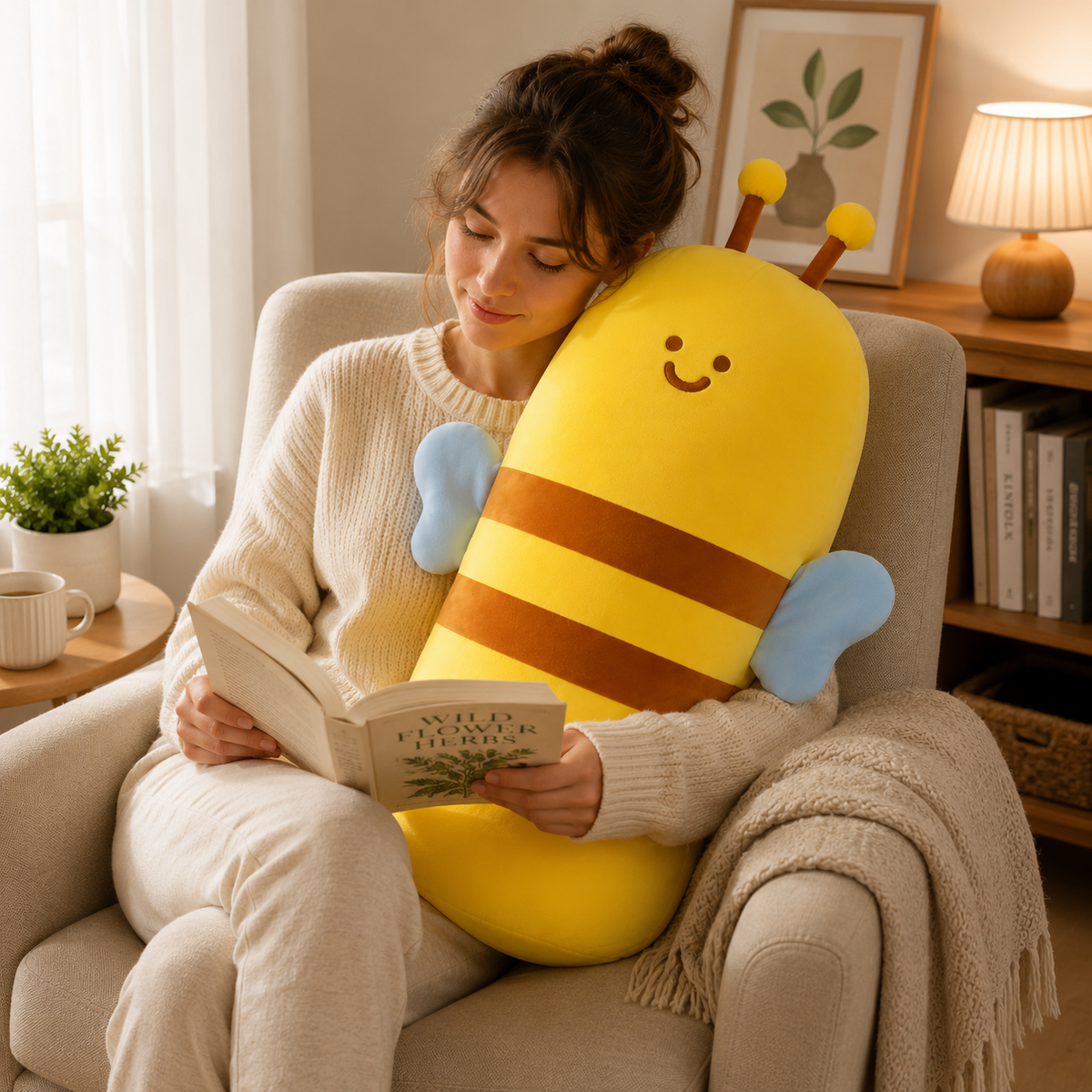 Woman relaxing and reading with a bee plush pillow