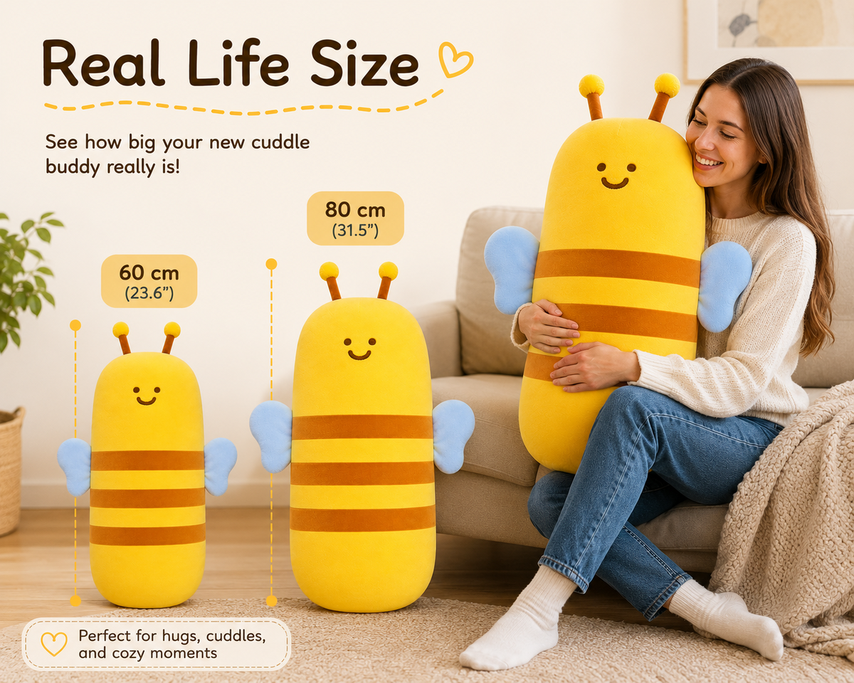 Bee plush pillow size reference for 60 cm and 80 cm