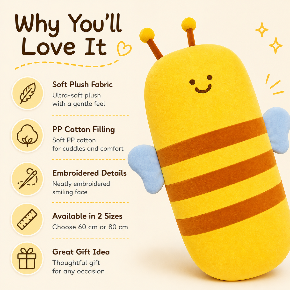 Bee plush pillow features soft plush fabric PP cotton filling and embroidered details