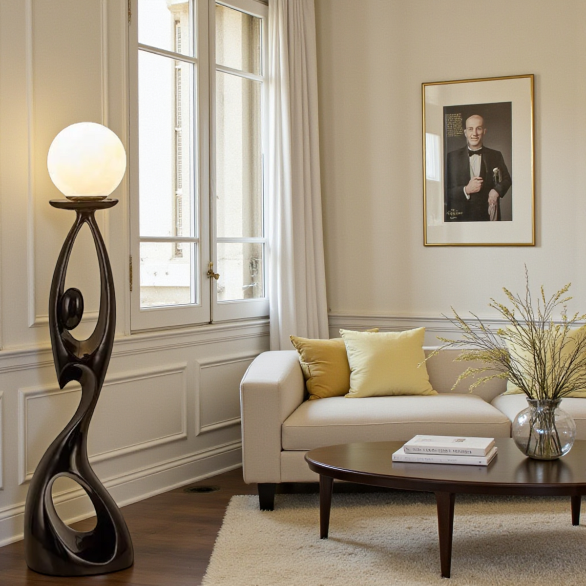 Black abstract globe lamp floor sculpture in living room