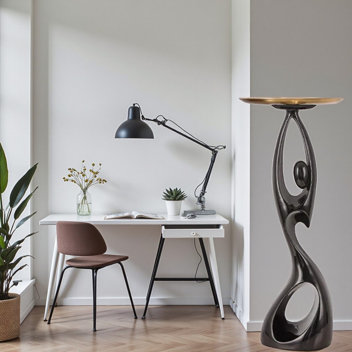 Black abstract tray floor sculpture in modern home office