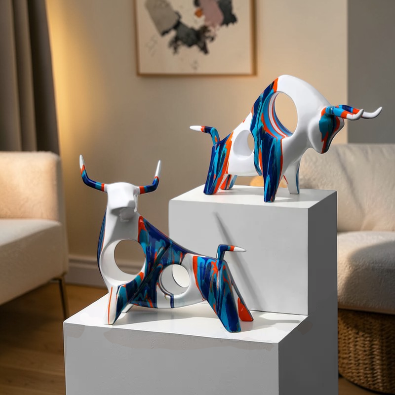 Two colorful abstract bull sculptures in a modern living room