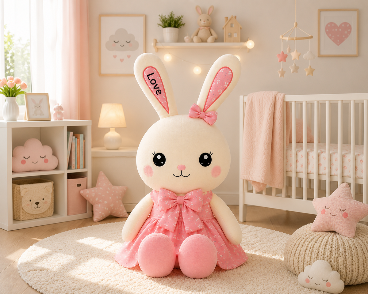 Pink bunny plush in nursery