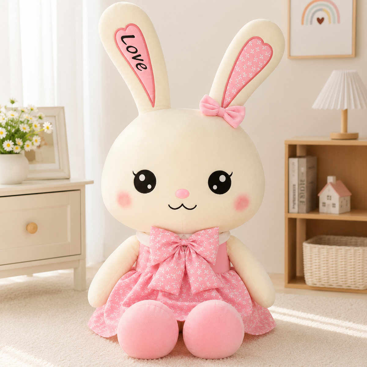 Giant bunny plush doll in pink dress