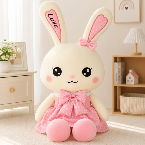 Giant bunny plush doll in pink dress