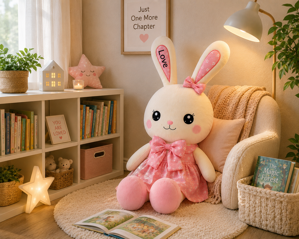 Pink bunny plush in reading corner