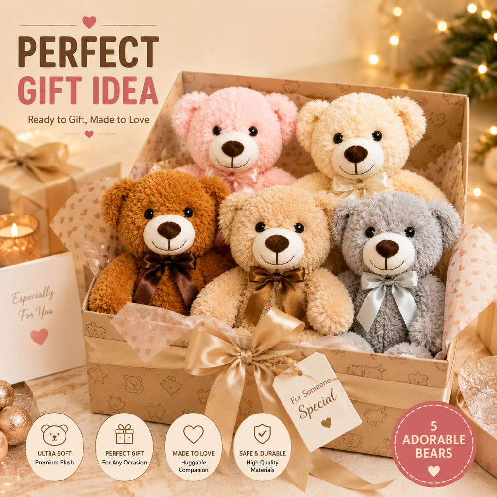 Set of 5 Teddy Bears, Soft Plush Stuffed Animals, Nursery Decor, Five Colors