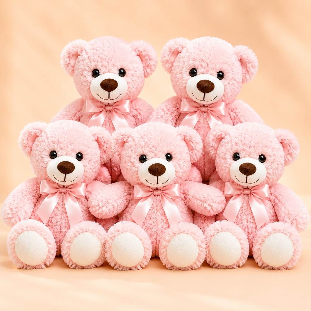 Set of 5 Teddy Bears, Soft Plush Stuffed Animals, Nursery Decor, Five Colors