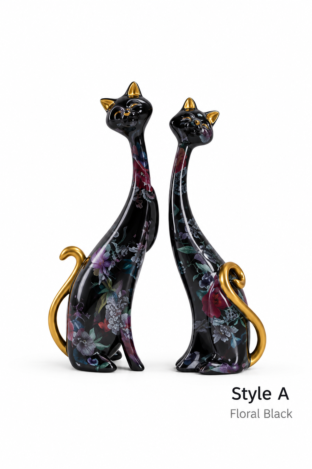 Style A Floral Black cat sculpture set of 2