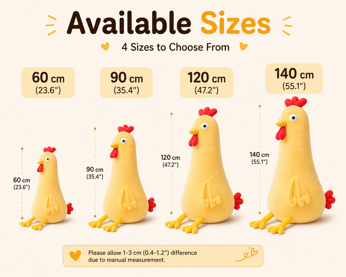Chicken plush pillow available in 60 90 120 and 140 cm sizes