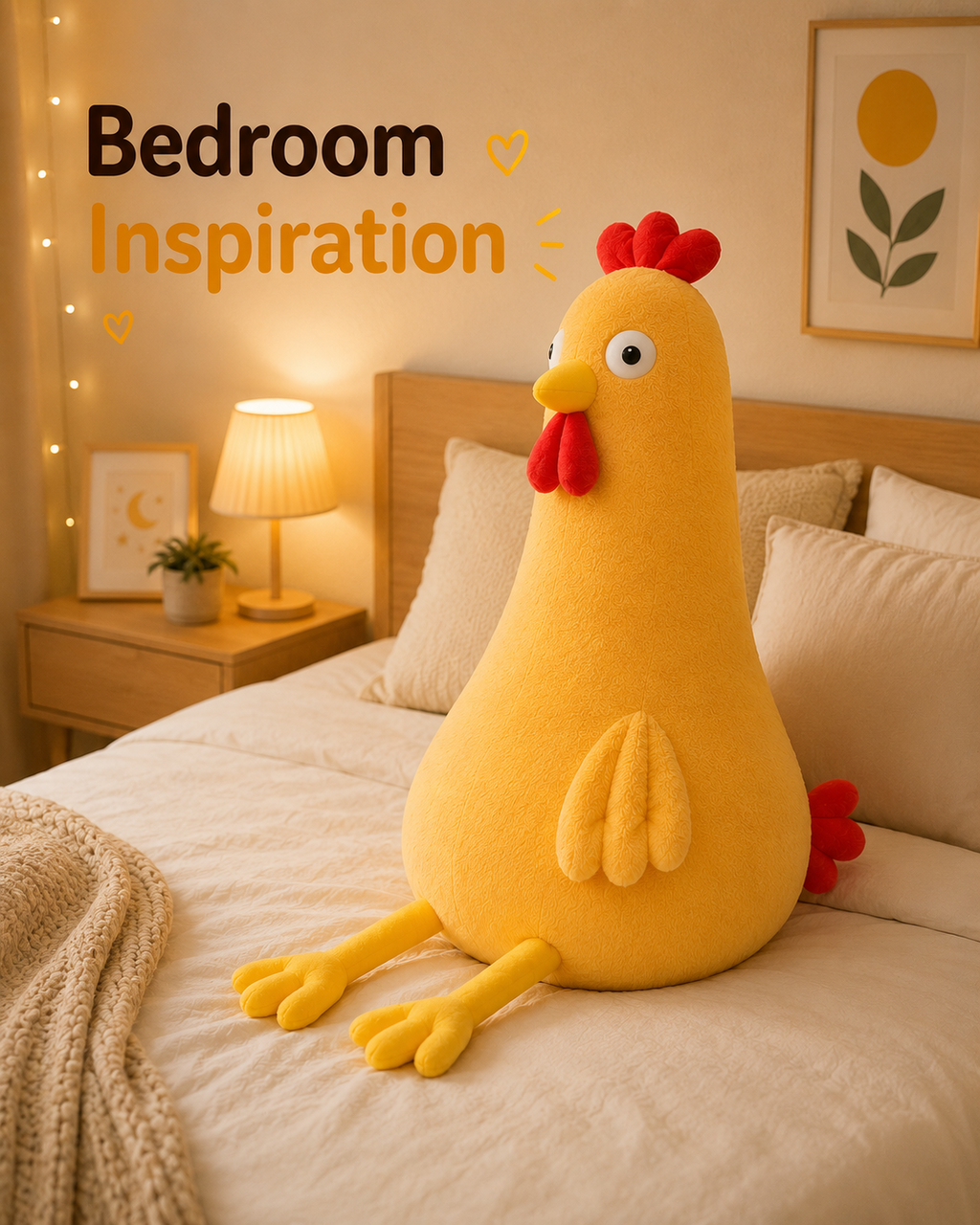 Light yellow chicken plush pillow styled in a cozy bedroom