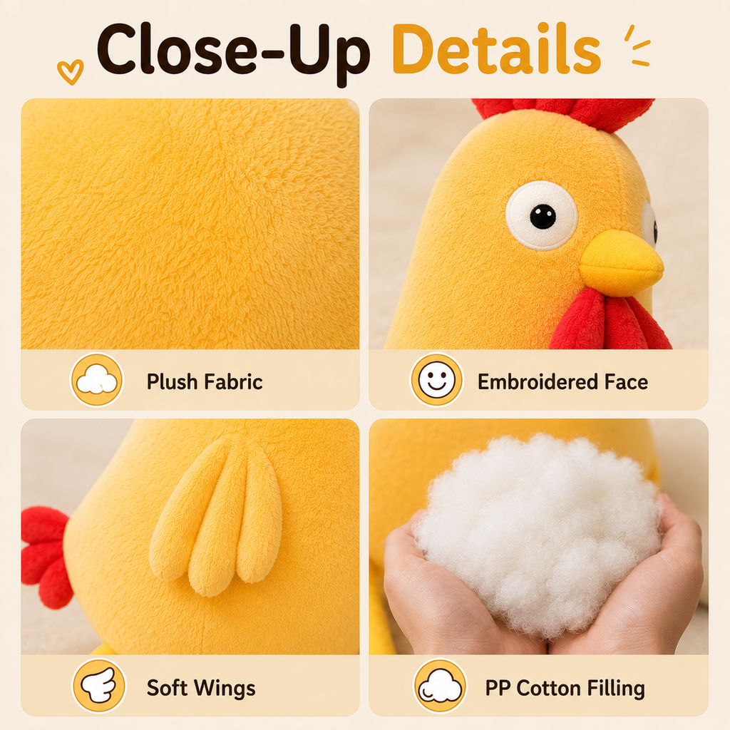 Chicken plush pillow close-up details showing plush fabric wings face and PP cotton filling