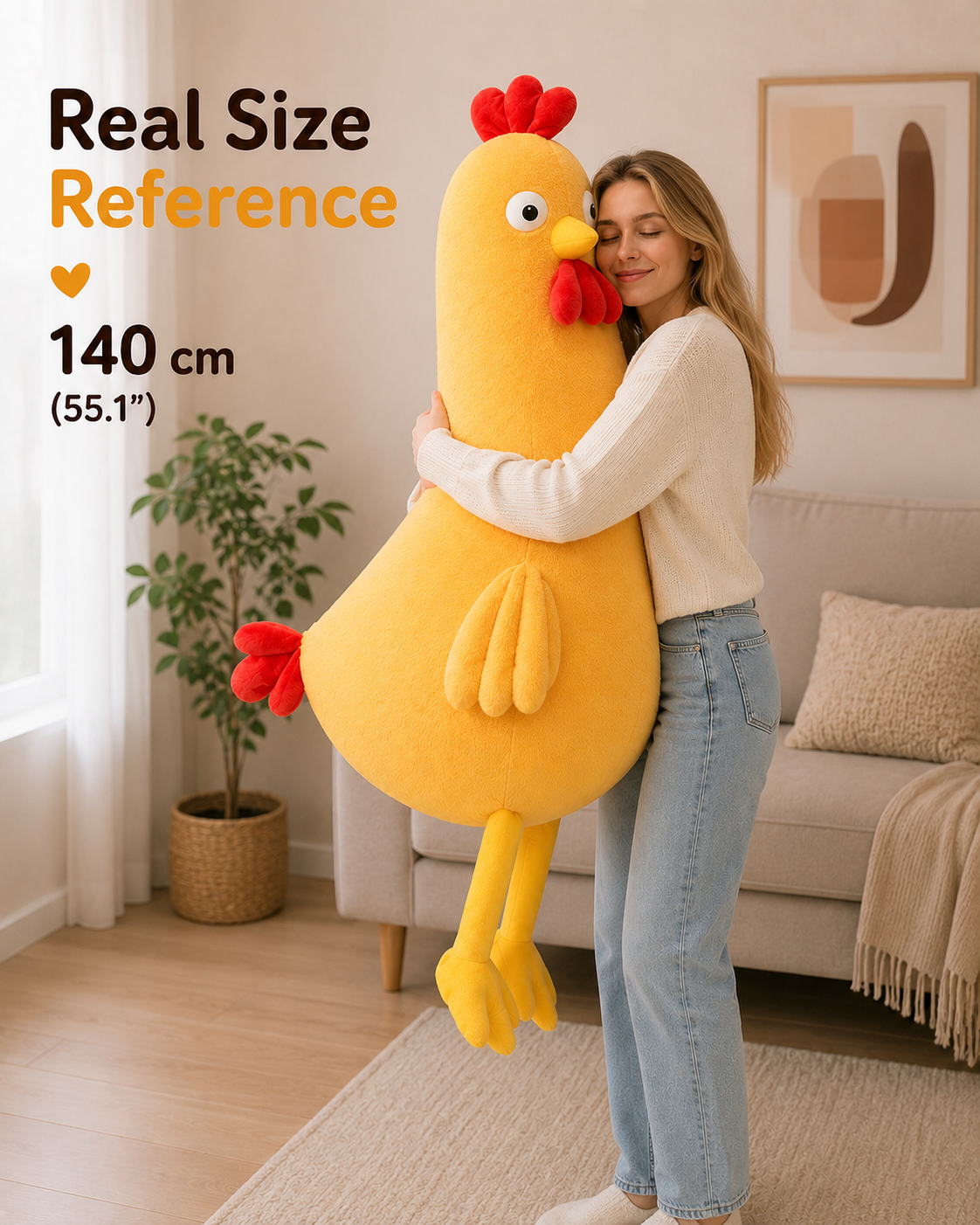 140 cm chicken plush pillow size reference with model