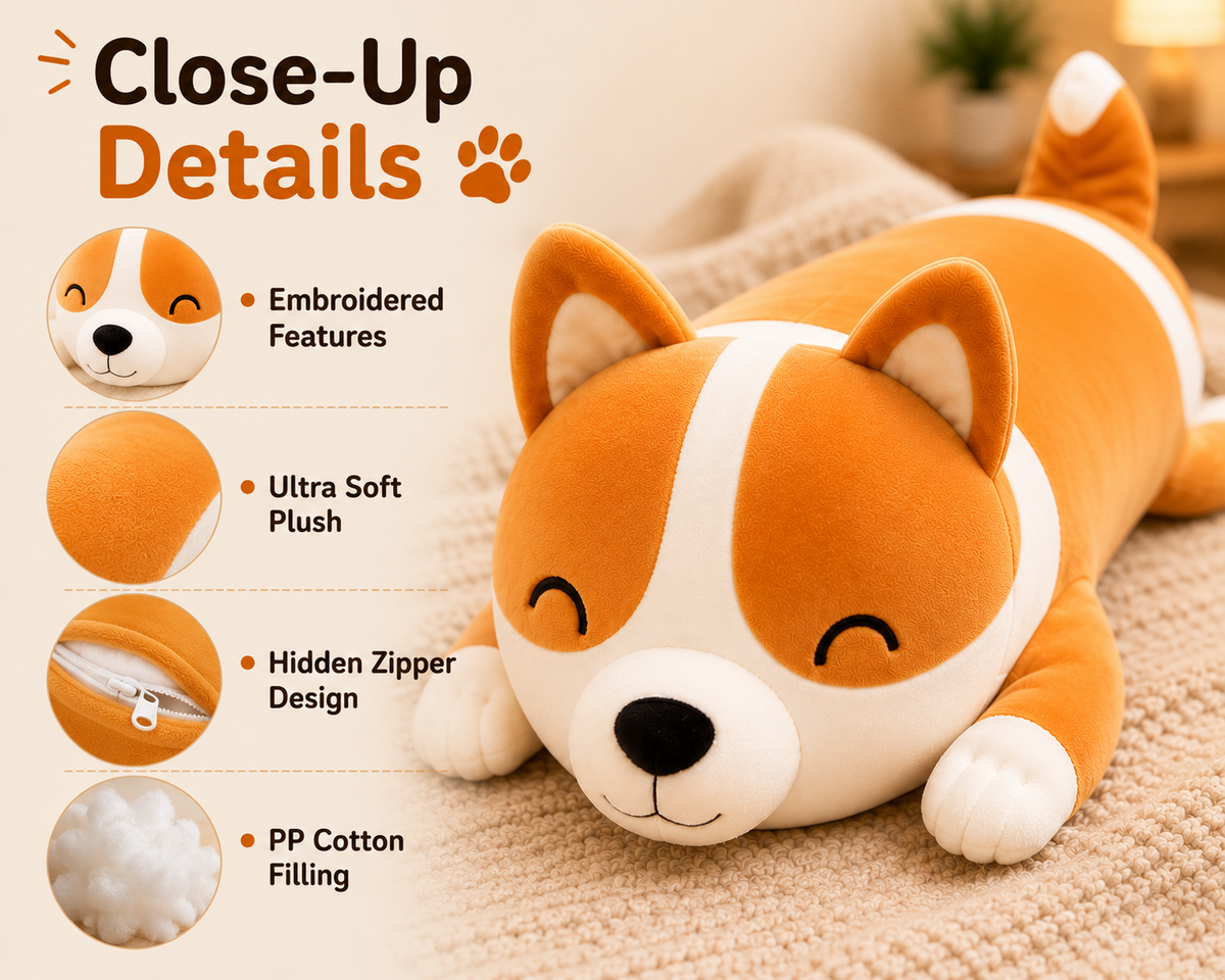 Long corgi plush pillow close up details