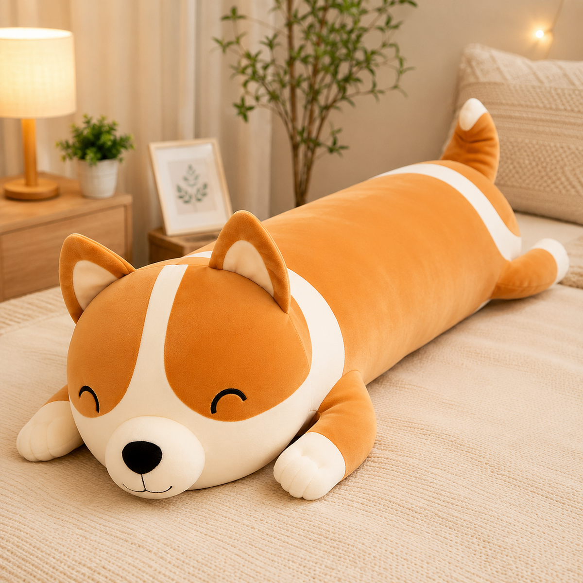 Long corgi plush pillow on bed