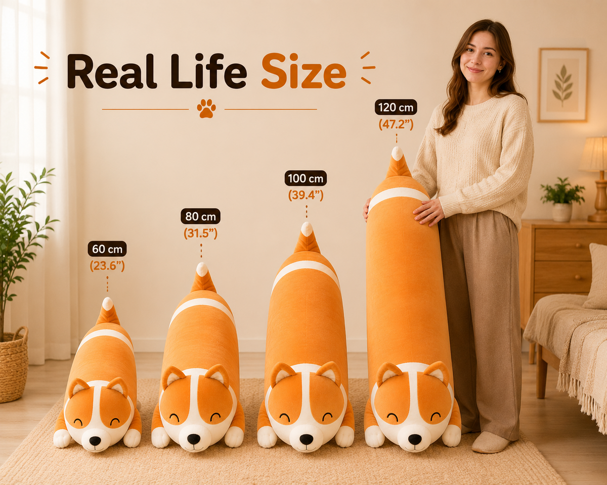 Long corgi plush pillow real life size reference