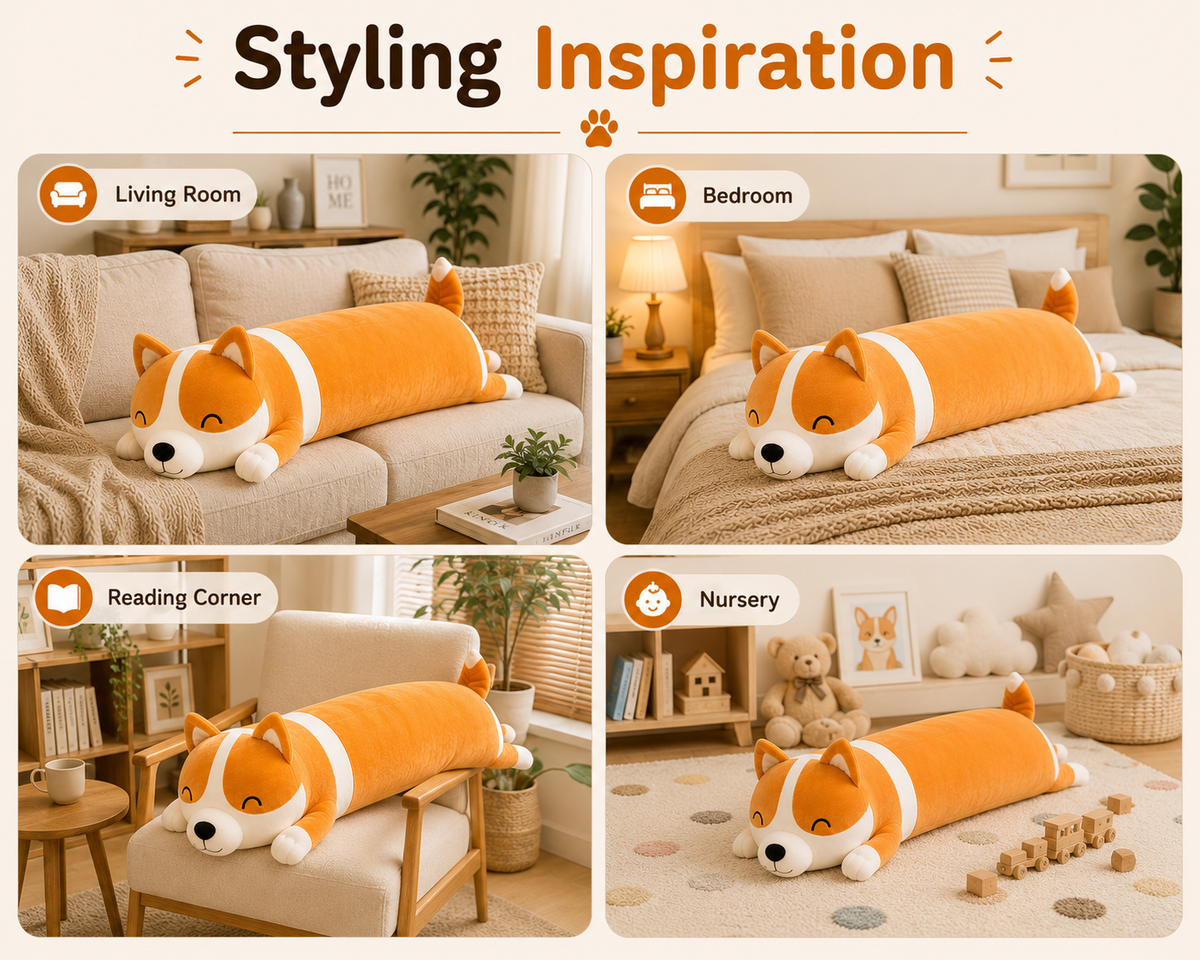 Long corgi plush pillow styling inspiration