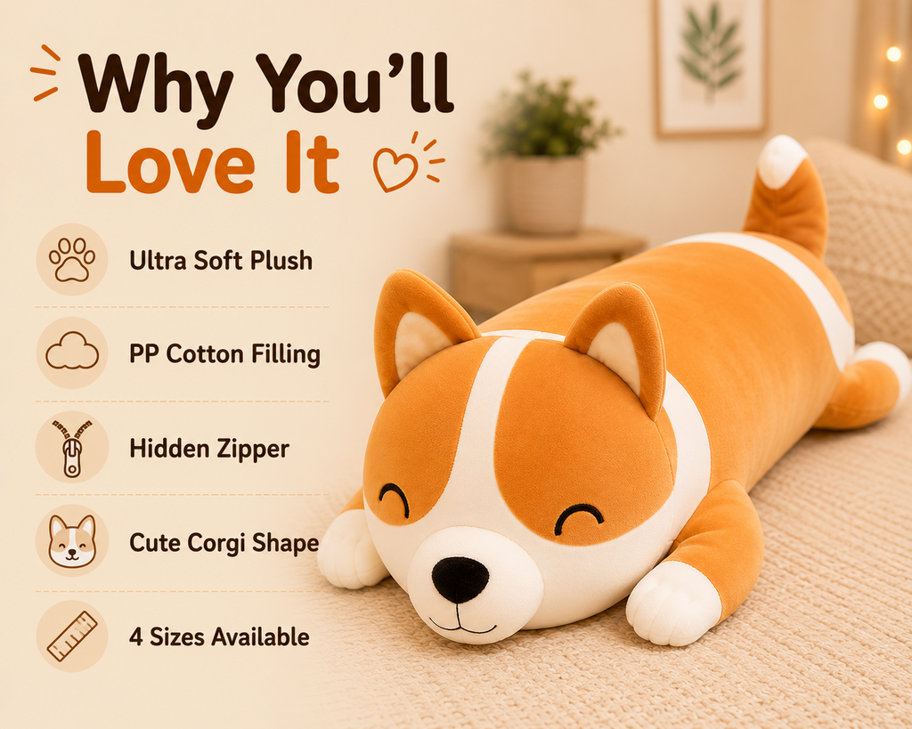 Long corgi plush pillow features