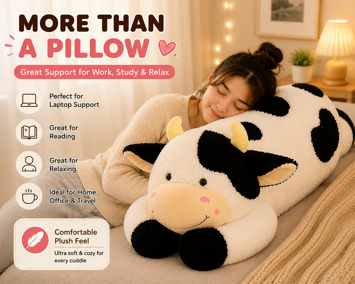 Cow plush pillow lifestyle image