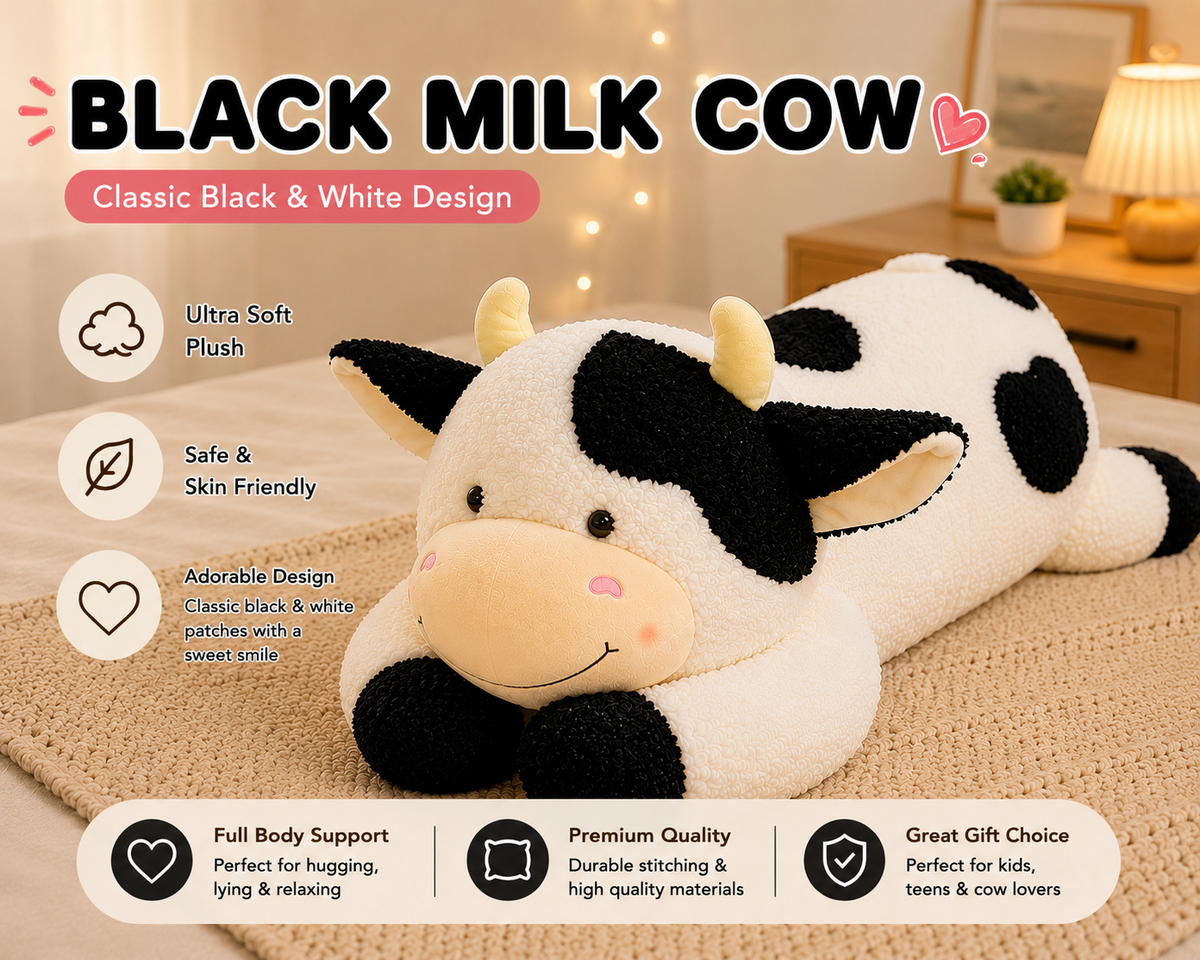 Cow plush pillow close-up details
