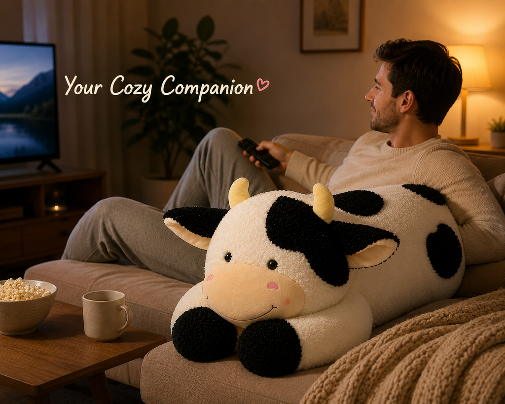 Cow plush pillow sofa lifestyle