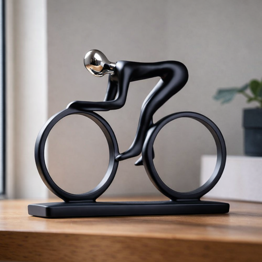 Modern cyclist sculpture displayed on a wooden desk
