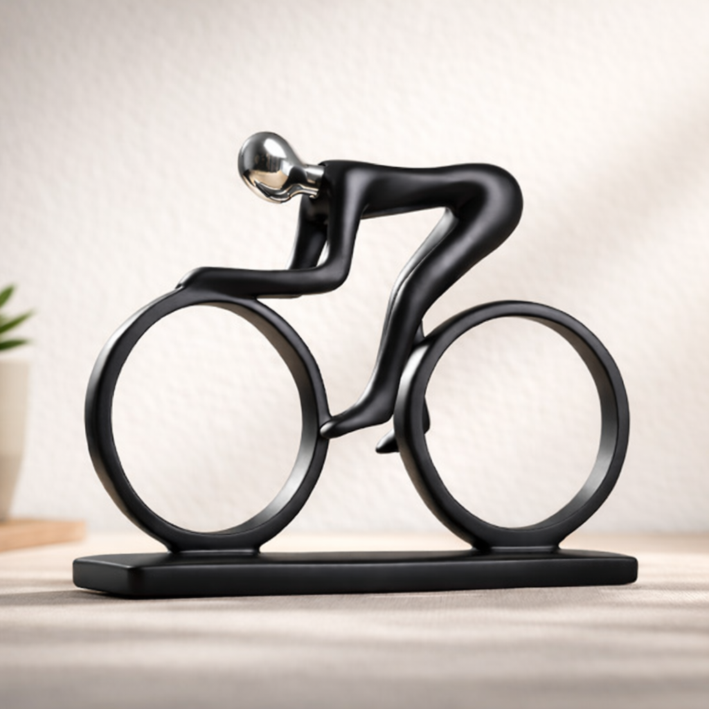 Minimalist black cyclist sculpture on light background