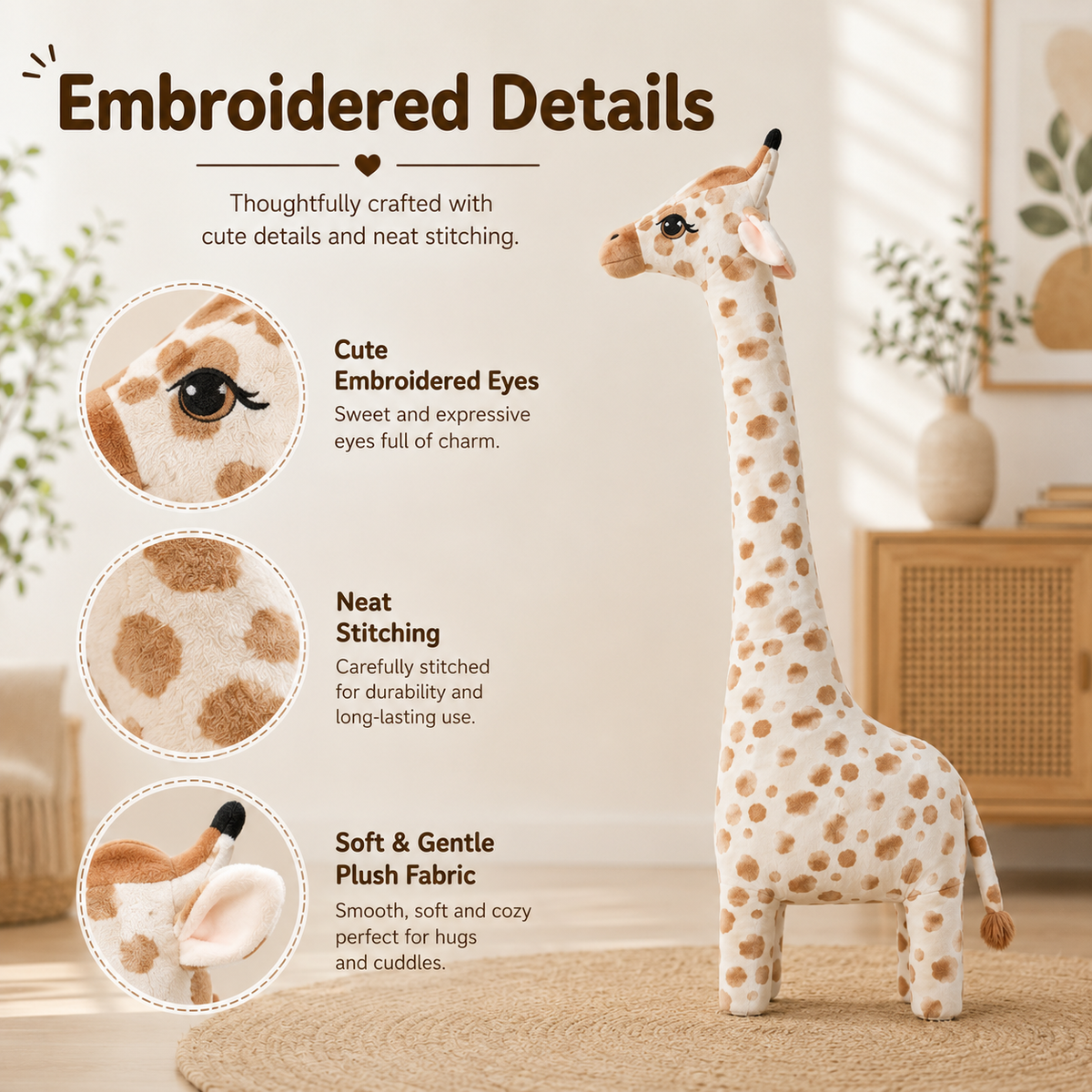 Large Giraffe Plush Toy, Stuffed Animal Pillow, Brown and White Nursery Decor