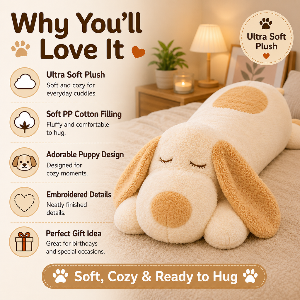 Large Sleeping Dog Plush Pillow, Stuffed Animal, Body Cushion, 3 Sizes