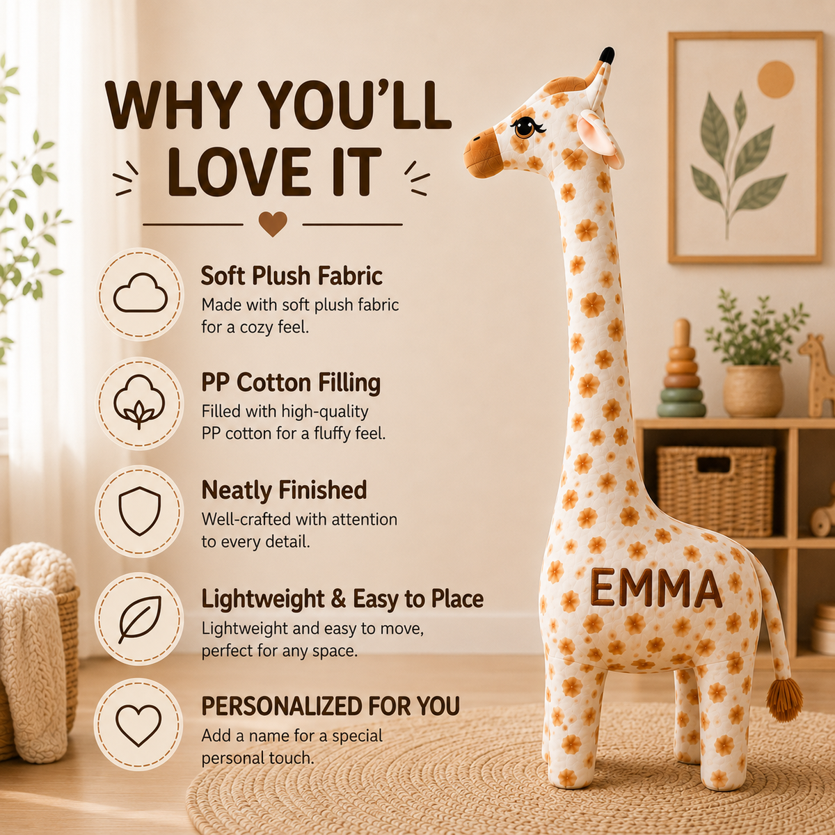 Large Giraffe Plush Toy, Stuffed Animal Pillow, Brown and White Nursery Decor
