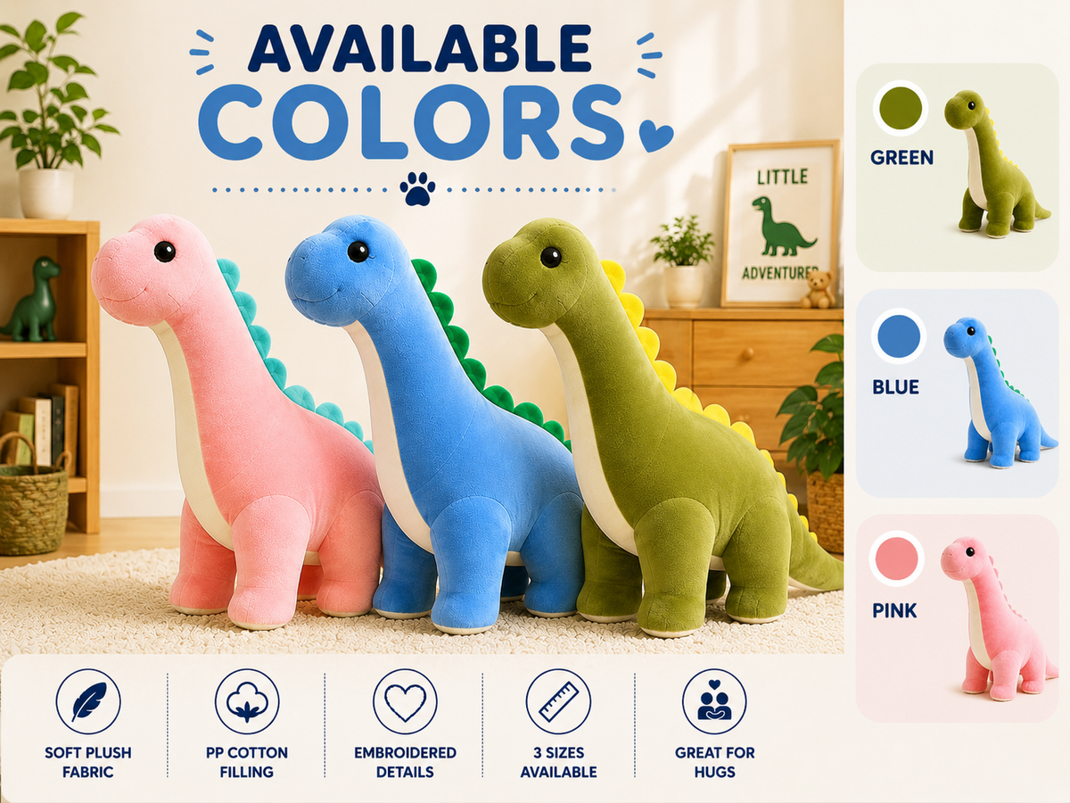 Long neck dinosaur plush available in blue green and pink