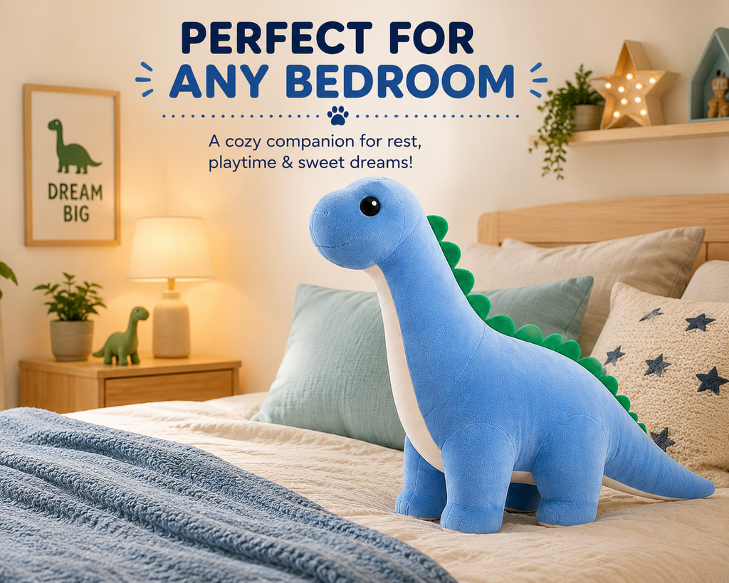 Blue long neck dinosaur plush in bedroom