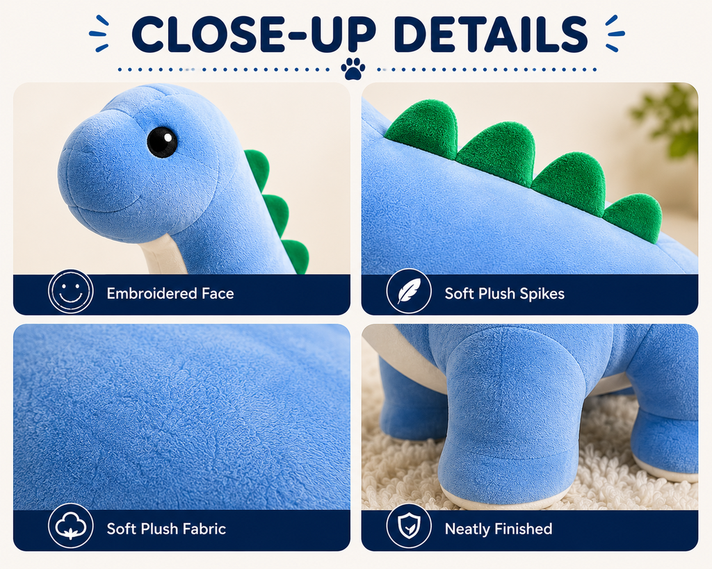 Long neck dinosaur plush close-up details