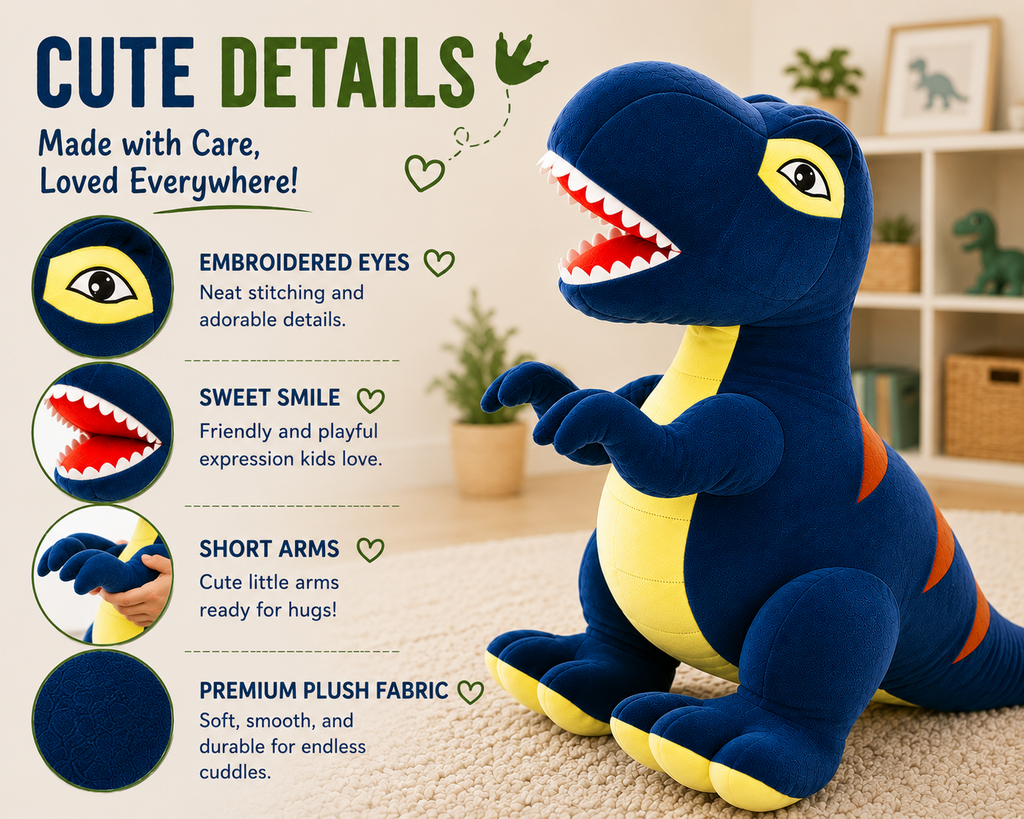 Blue dinosaur plush toy close-up details
