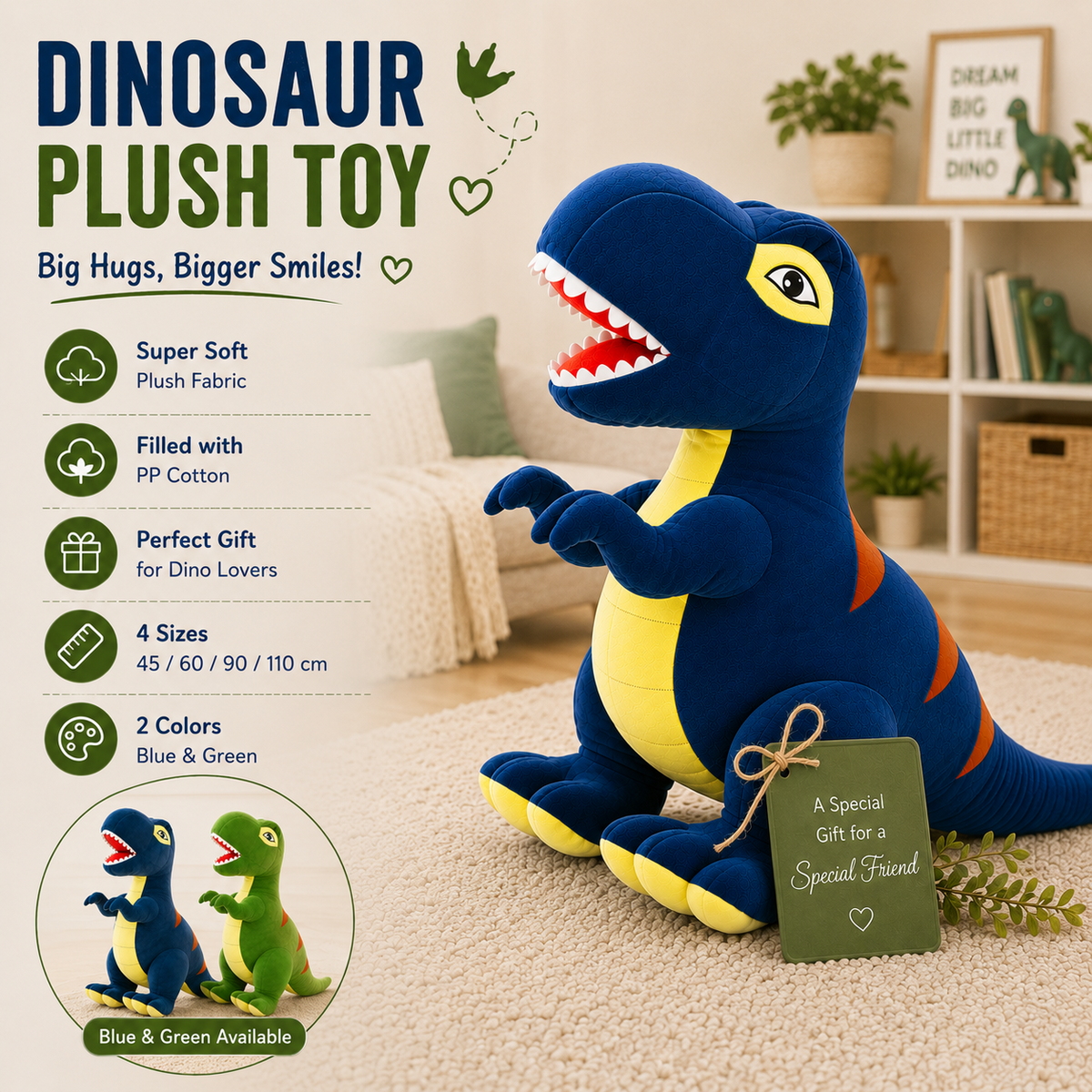 Large blue dinosaur plush toy