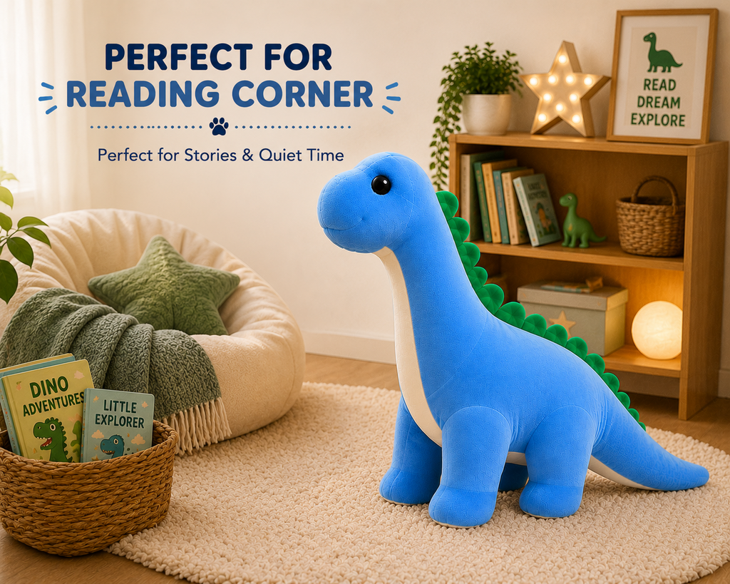 Long neck dinosaur plush in reading corner