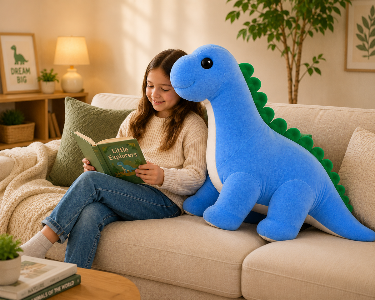 Blue long neck dinosaur plush with child reading